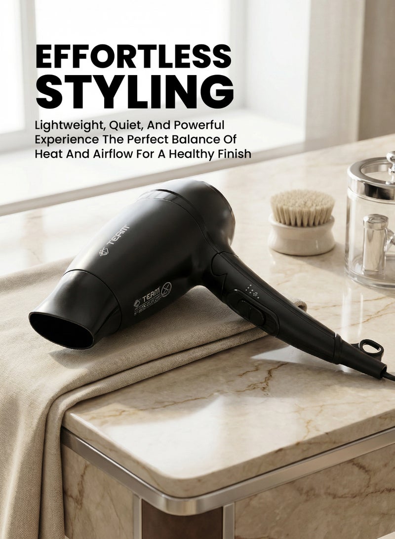 تيم Team Professional Hair Dryer 1400W | Powerful Lightweight Hair Blower with Concentrator Nozzle | 2-Speed Heat Settings | Compact Travel Hair Dryer for Fast Drying | 220–240V - Image 4